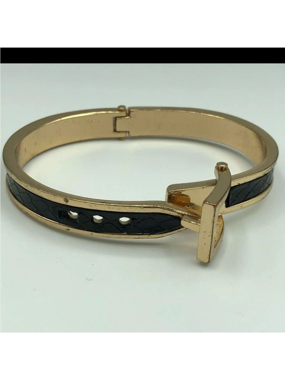Vintage Black Belt Cuff Buckle Bracelet 2 1/2" - Picture 3 of 6